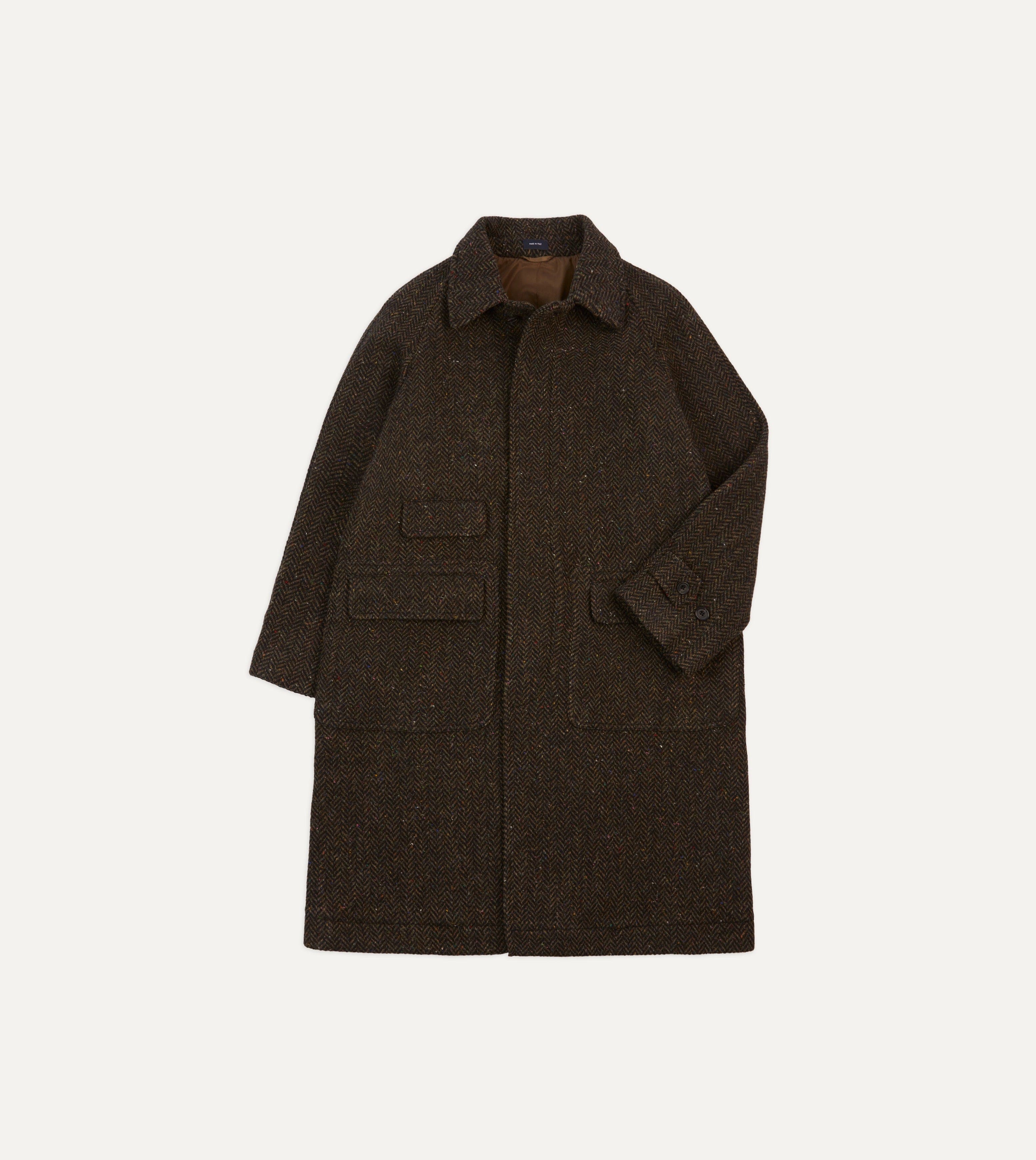 Brown Herringbone Wool Raglan Coat – Drakes