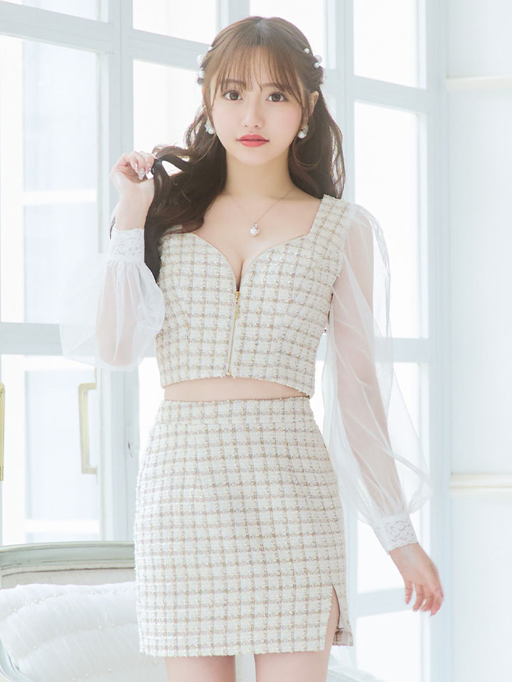 即日発送】セットアップツイードドレス/2ピース/チェック/ジップ