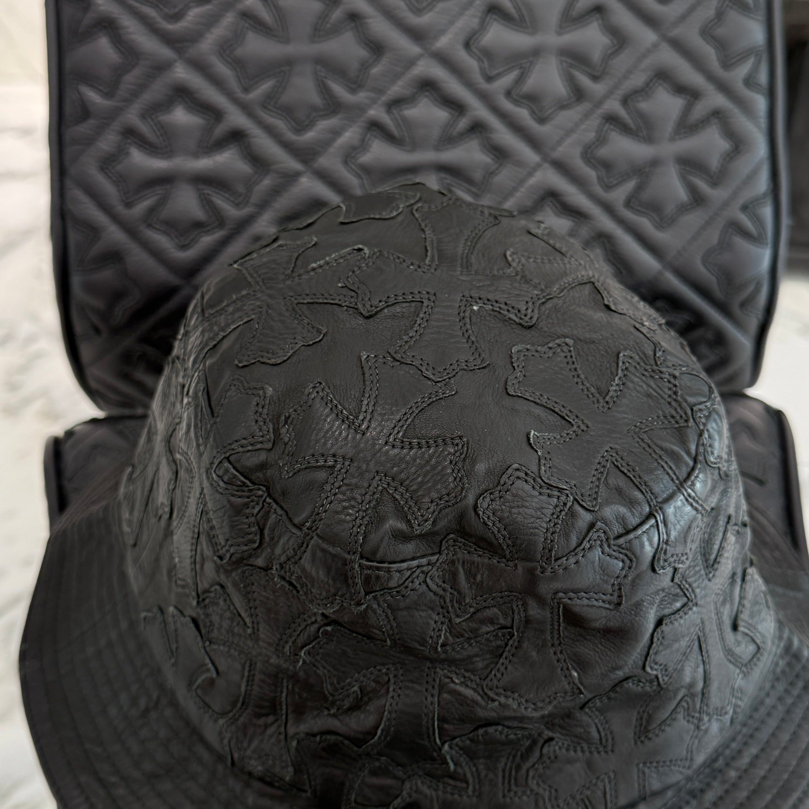 CHROME HEARTS Dagger Cross Leather Patch Leather Bucket Hat Size M