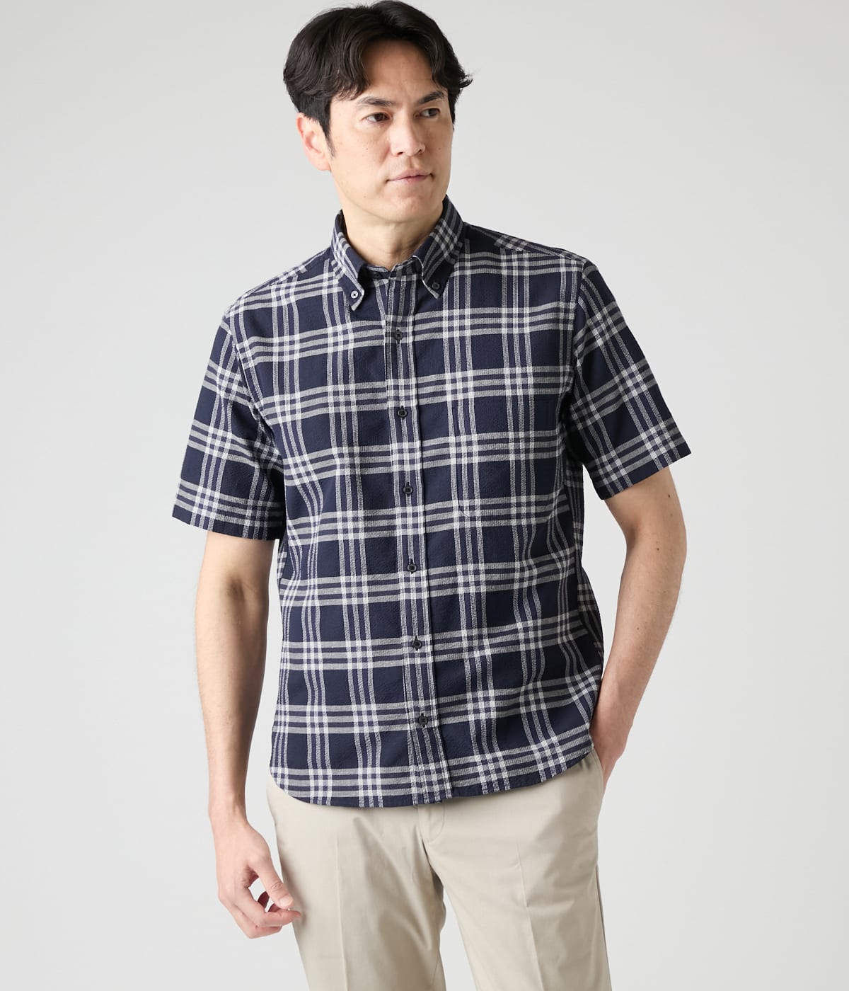 リネン混 サッカー モノトーンチェック 半袖ショートボタンダウン