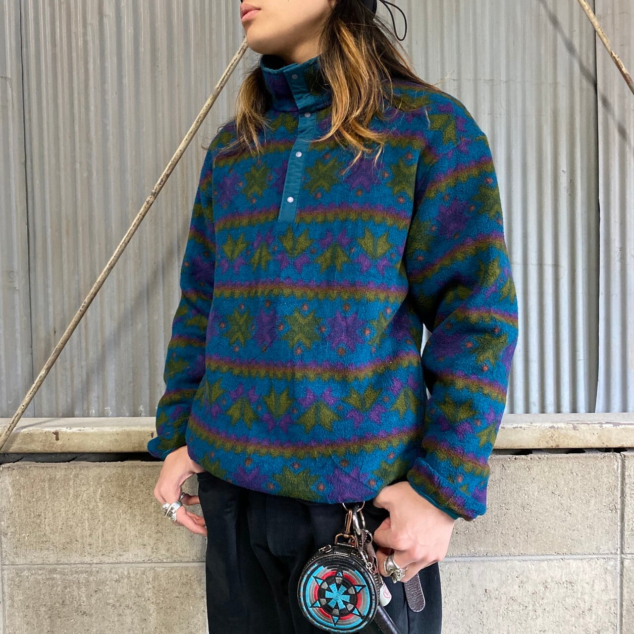 80年代 エルエルビーン 総柄 スナップT フリースプルオーバー メンズM