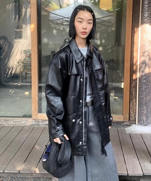 LONSLAN】レザーライク オーバーコート CHLONW24a029（ライダース