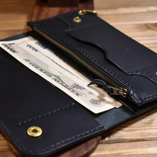 トラッカーウォレット190(ロング) 栃木レザーブラック 手縫い 長財布
