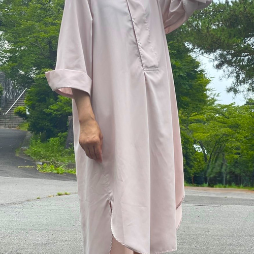 大人可愛い❣くすみピンクのワンピース サイズフリー マキシ丈 七分袖