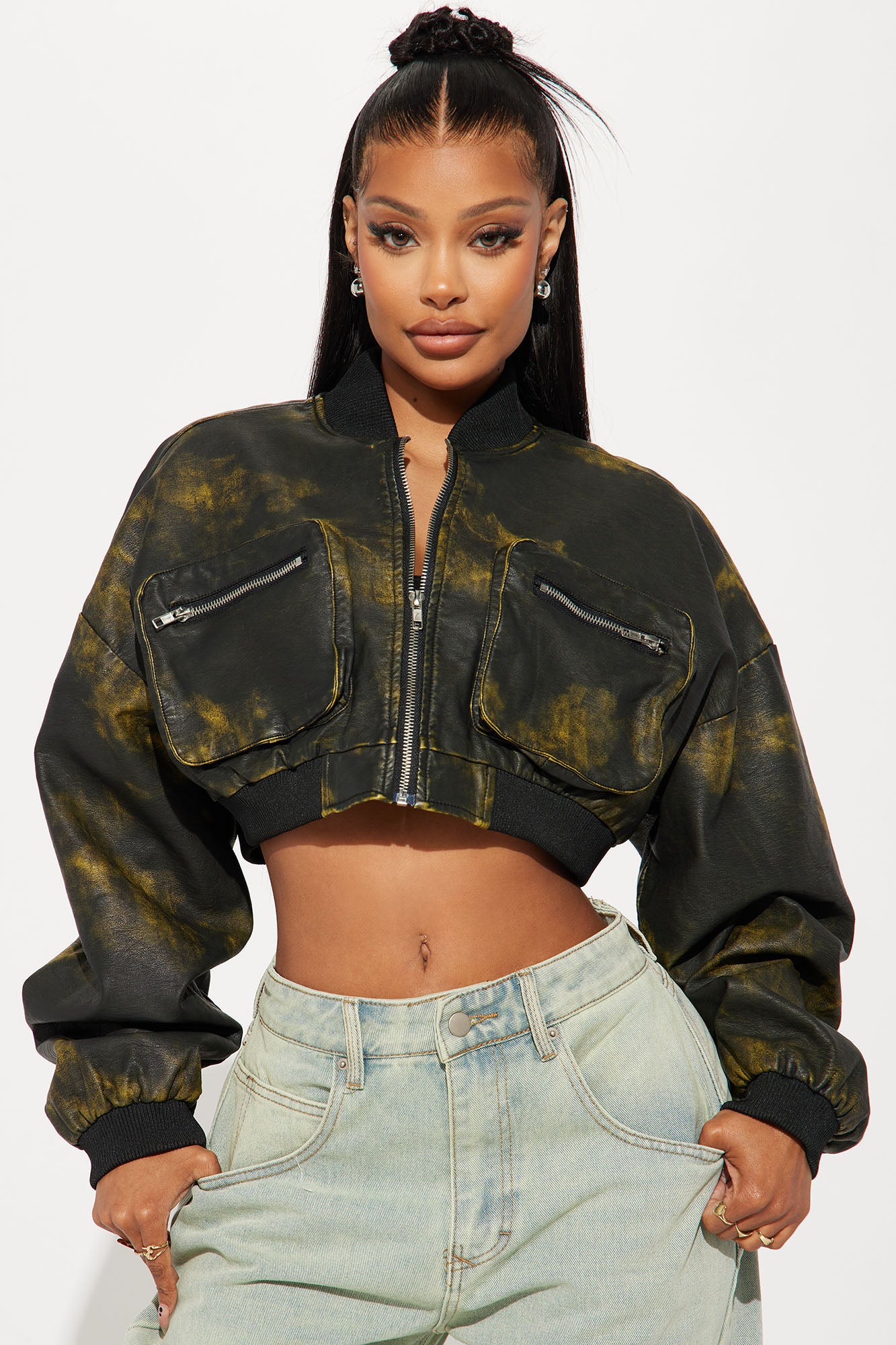 Knissa Washed Faux Leather Bomber Jacket - Olive | Fashion Nova