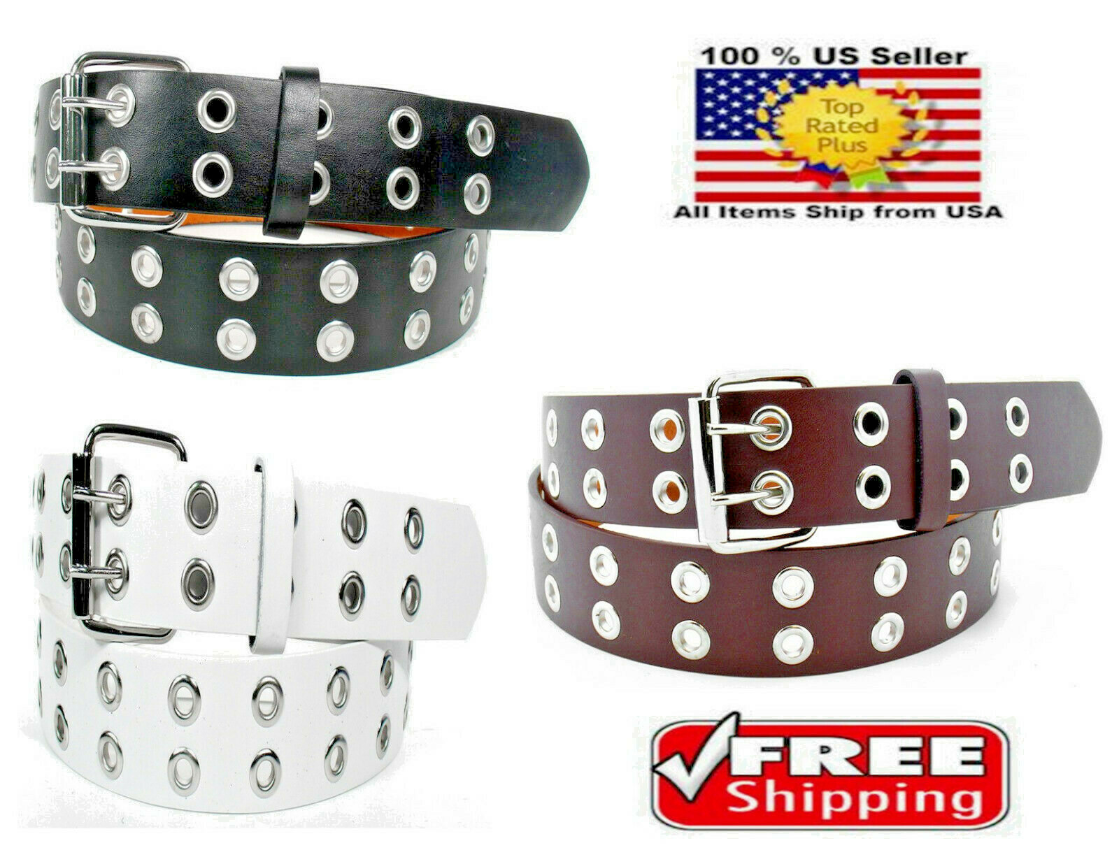 Men Women Unisex 2 Holes Row Grommet Bonded Leather Belt Removable