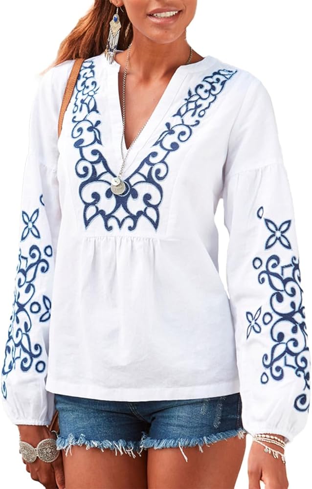 LASCANA Women's Embroidered Long Sleeve Blouse, Notch Neckline