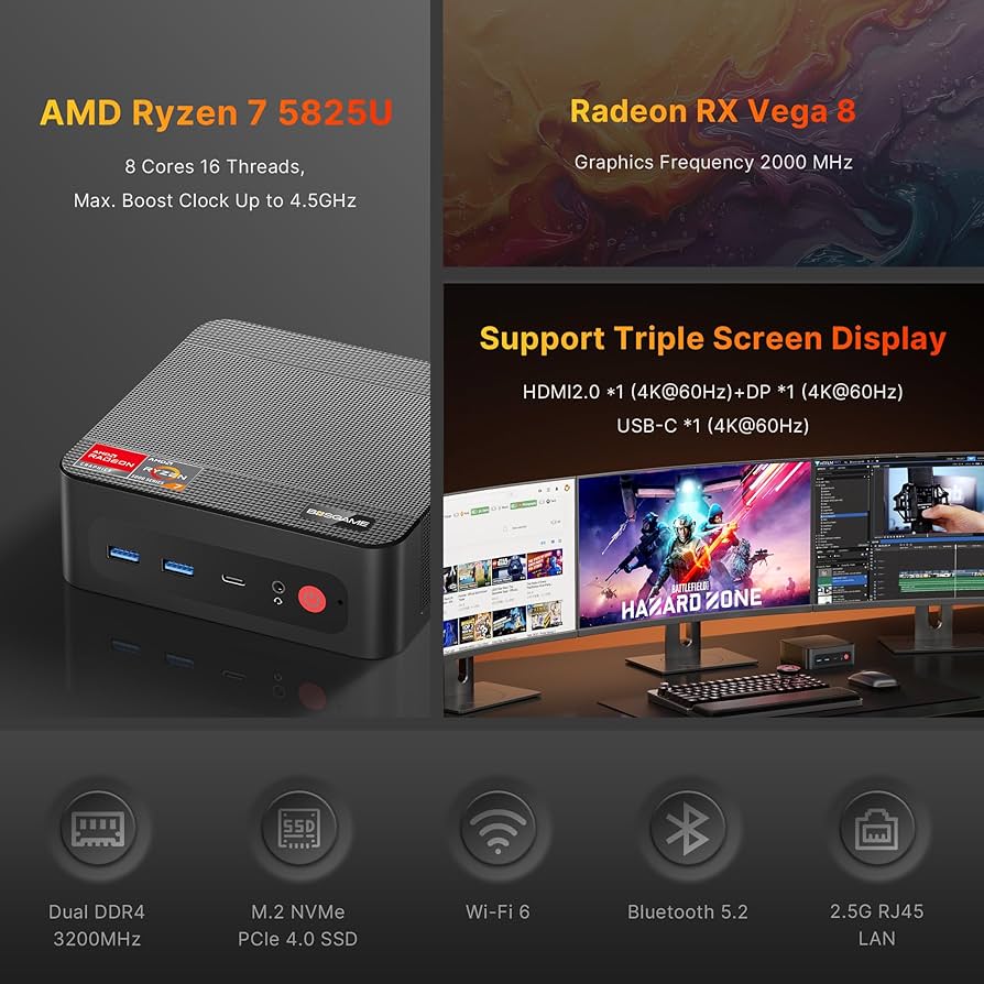 Amazon.com: BOSGAME P4 Light Gaming Mini PC, Ryzen 7 5825U, 32GB