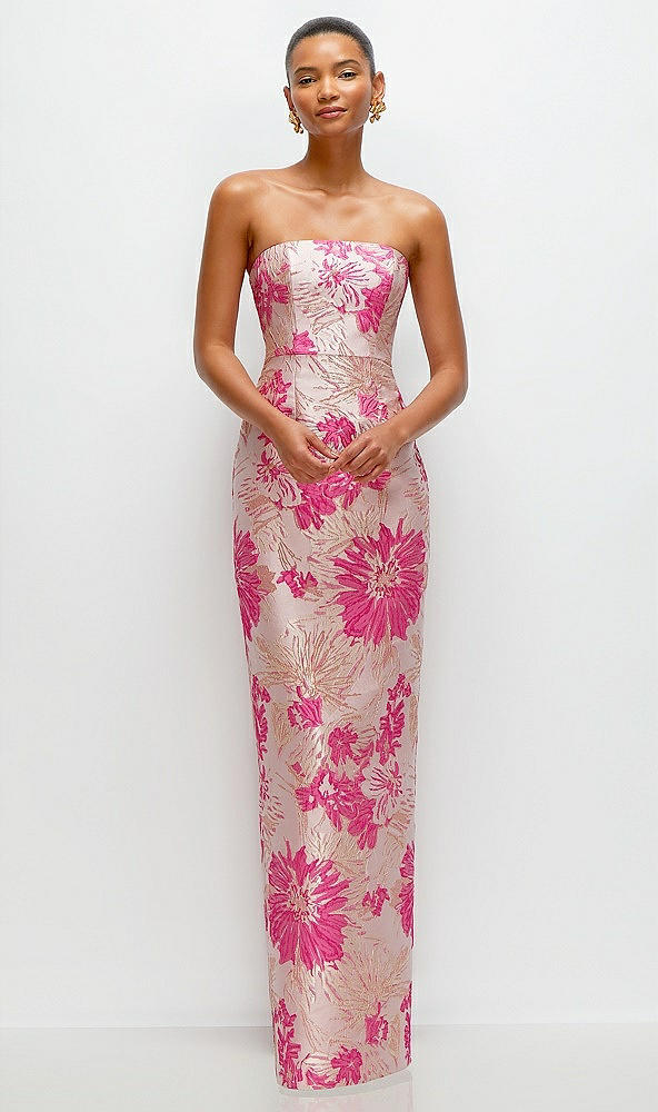 Hibiscus Pink Strapless Floral Jacquard Column Bridesmaid Dress
