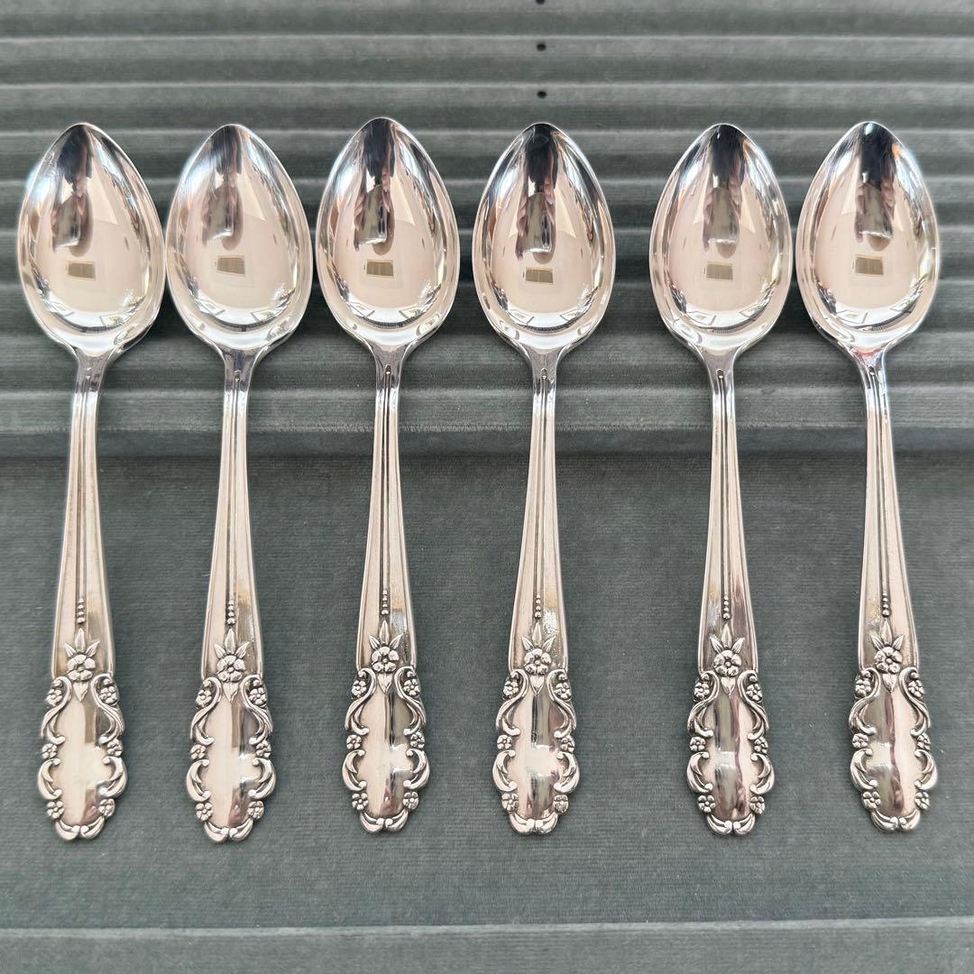 純銀950花柄ティースプーン6本セット　超美品 1963年 英国ヴィンテージ 純銀製ティースプーン6本セット エナメル
