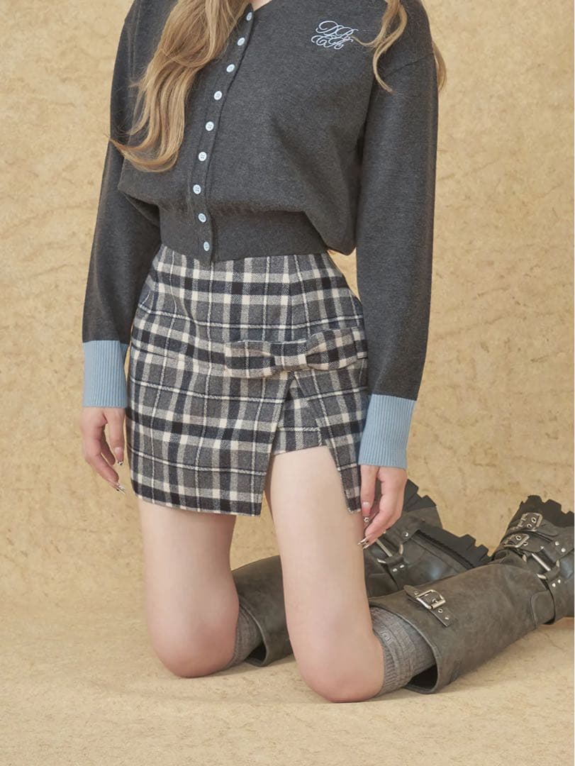 スリットチェックリボンミニスカート ダーリッチ Darich スリットチェックリボンミニスカート （グレー