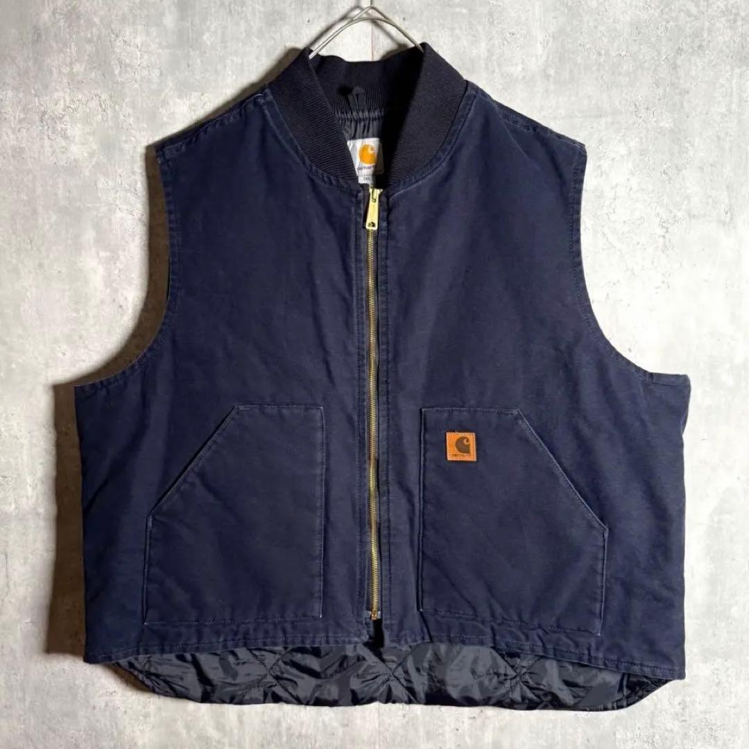⭐️希少⭐️カーハート ダック地ベスト 2XL 企業物 刺繍 ネイビー V01 アメリカ製 Carhartt ダックベスト ネイビー Size (XXL) ビッグサイズ