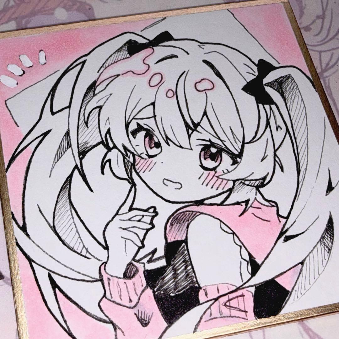 手描き イラスト オリジナル アナログ 色紙 ツインテール ピンク