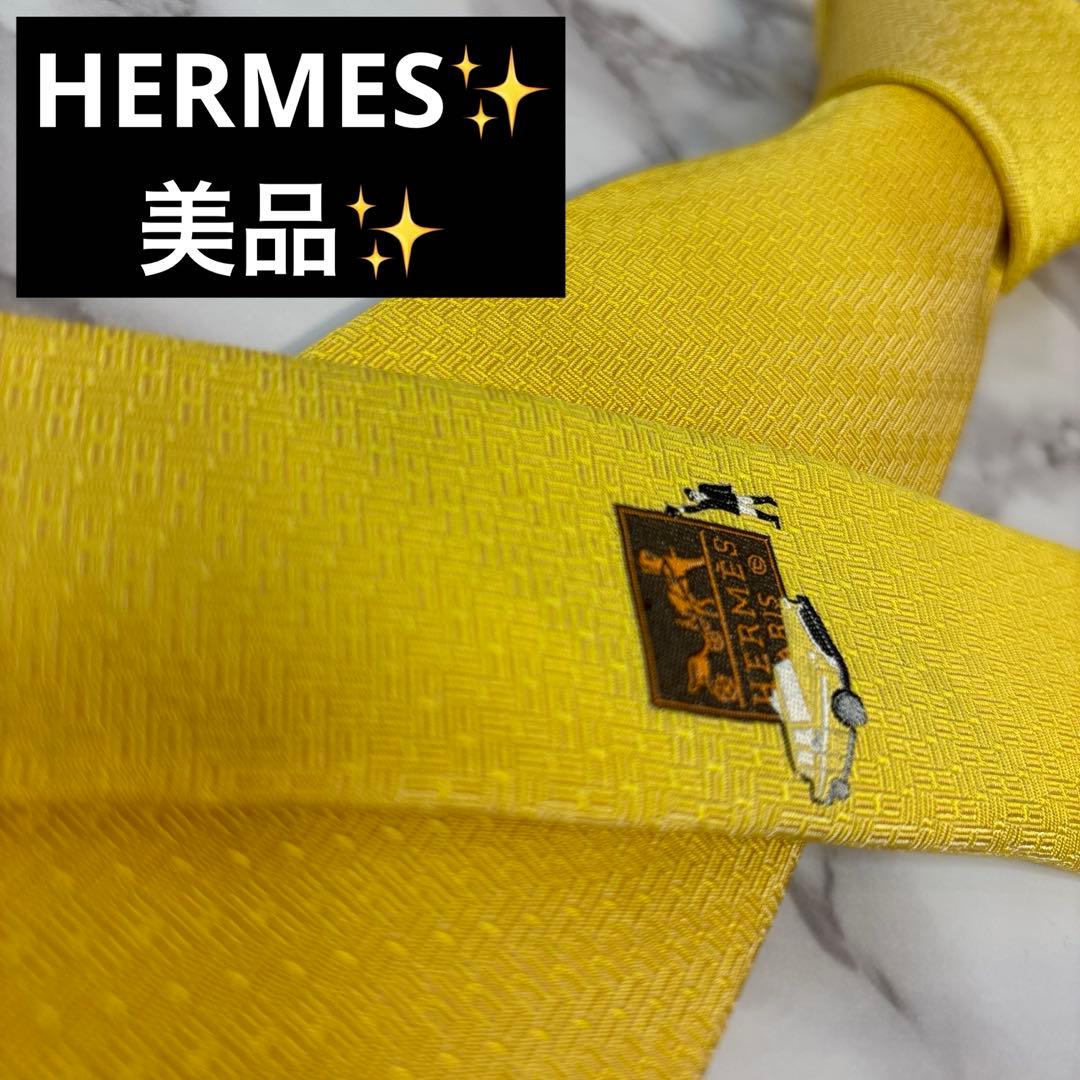 【美品✨】HERMES ネクタイ　イエロー　黄色　刺繍　レア 中古・古着通販】HERMES (エルメス) 総柄ネクタイ イエロー サイズ