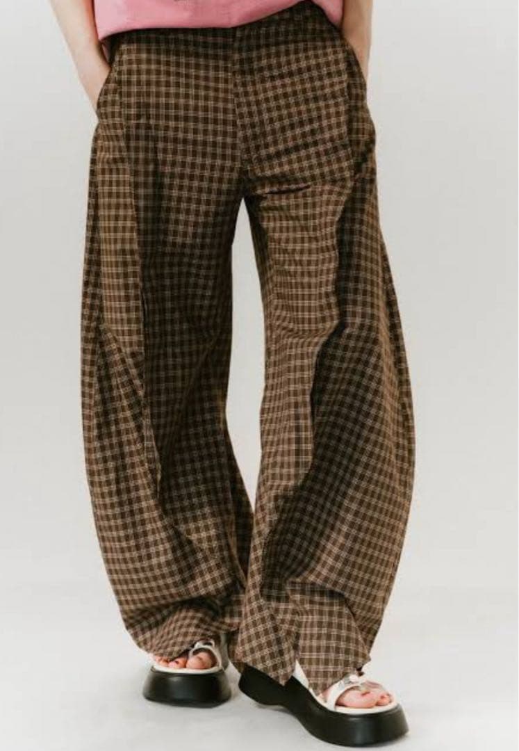 Knuth Marfスリットディフォームドパンツ (チェックブラウン) Knuth Marf - slit deformed pants(unisex) / スリット ディフォームド