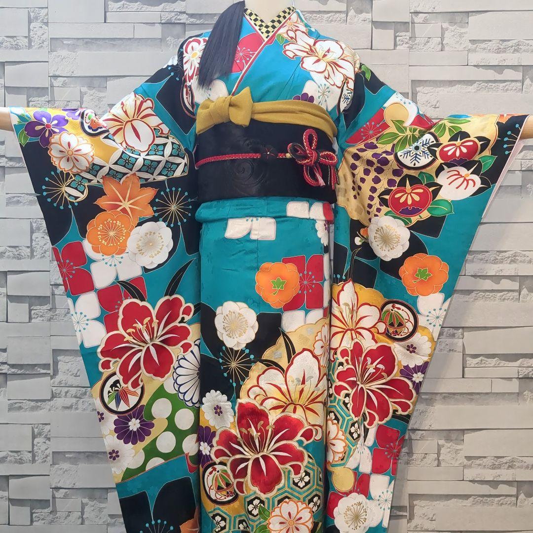 正絹振袖 駒刺繍 紫野 百合 金彩 振袖セット 振袖フルセット 青緑 81 京友禅振袖・紫色・金駒刺繍┃伝統古典【菊京屋】