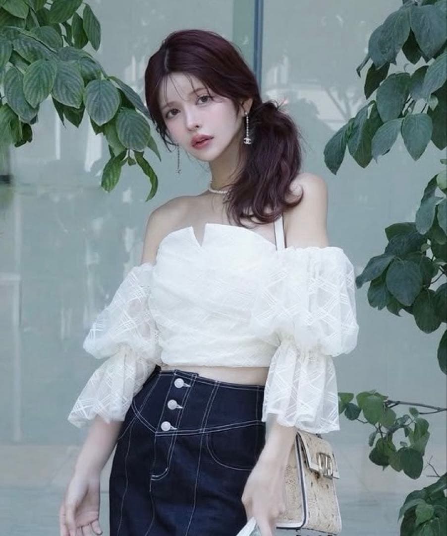 randy オフショル チェックチュールトップス ホワイト Randy新品オフショルダーチェックチュールトップス白