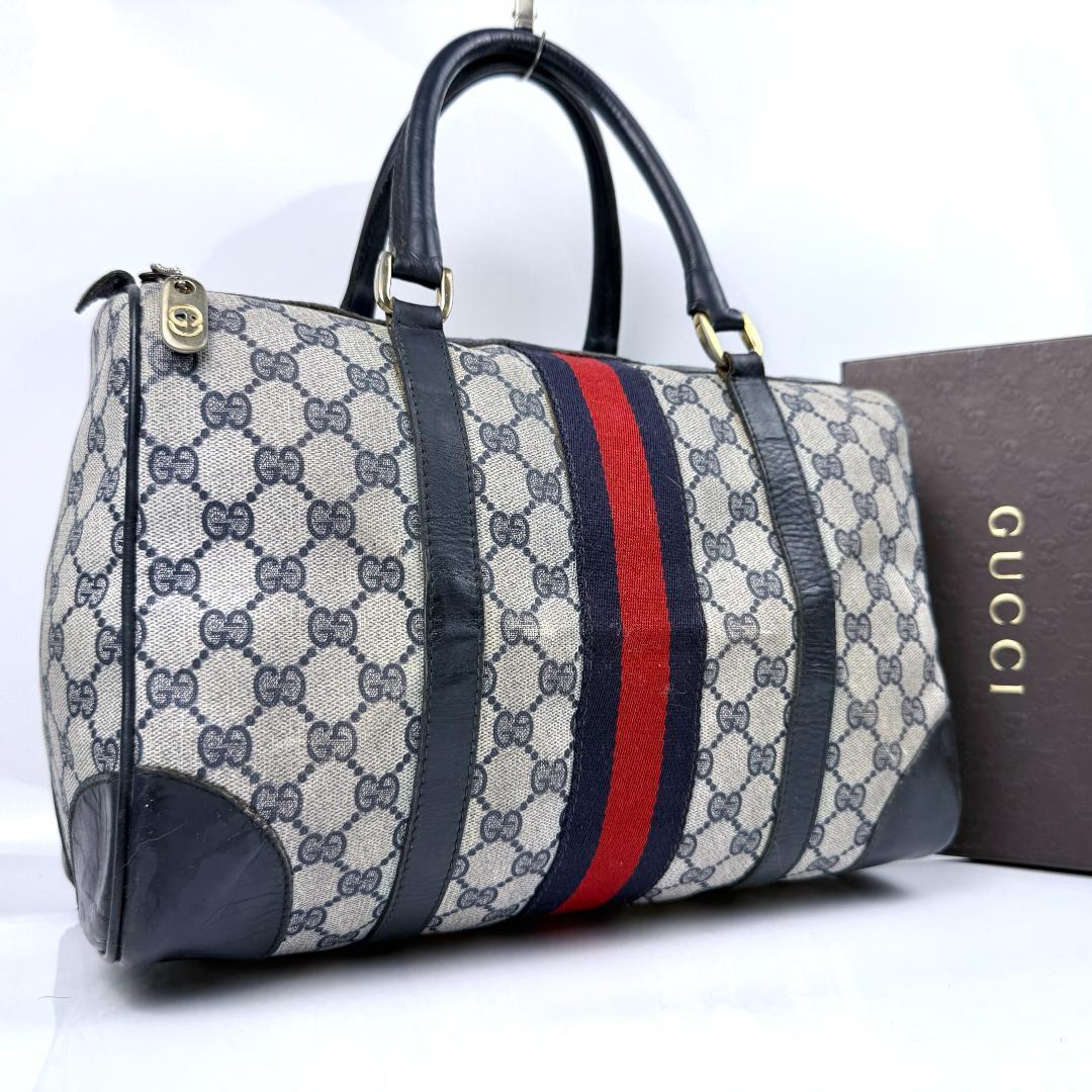 オールドグッチ シェリーライン GG柄 ボストン ハンドバッグ ネイビー 極希少 グッチ GUCCI ボストンバッグ スエード シェリーライン 黒 本革