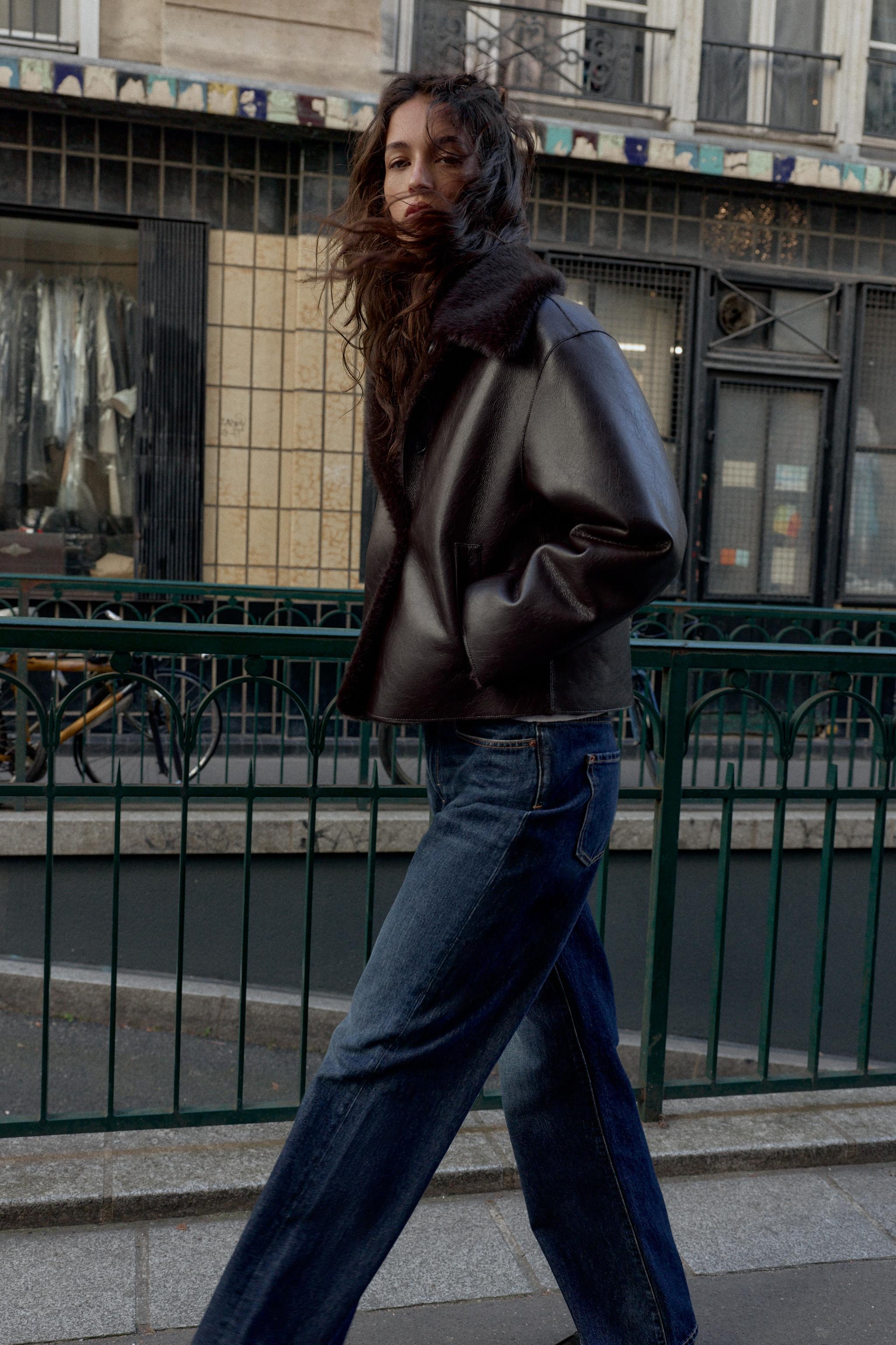 リバーシブル ダブルフェイス フェイクレザージャケット - ブラウン